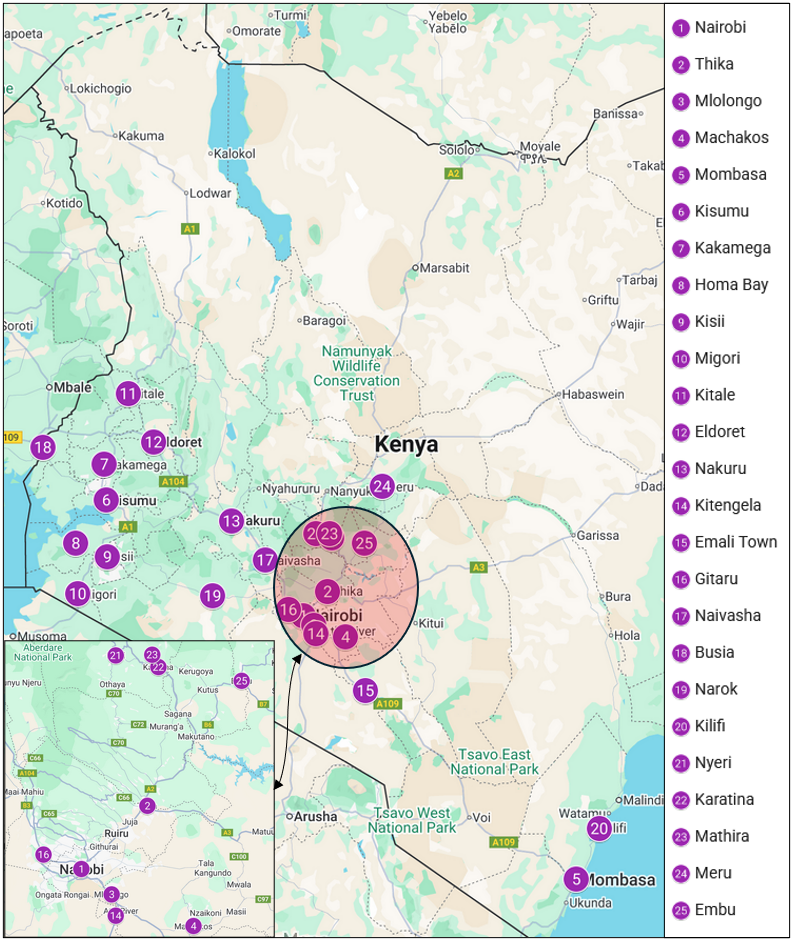 Map showing potential civil unrest hotspots in Kenya and heatmap of protest activity from January 2025 to date, with high-risk zones highlighted around Nairobi and western regions.