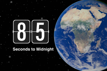 Graphic showing Earth centred on Africa beside a digital counter reading 85 seconds to midnight, representing the Doomsday Clock and global risk in 2026.