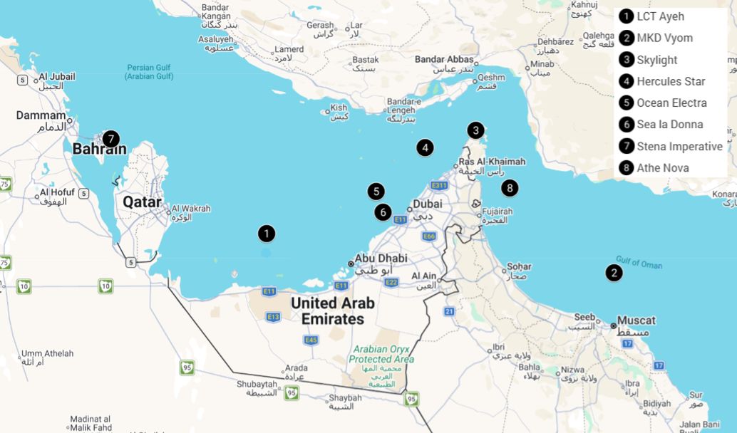 Map showing Iranian and US-Israeli strikes affecting Strait of Hormuz shipping routes February 2026